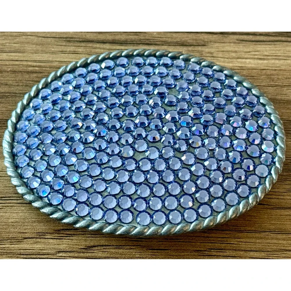 Vintage Blue Purple Rhinestone Belt Buckle Signed Unknown Maker Made USA Western